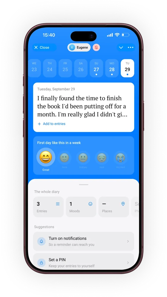 Minedy home: today's entry and mood