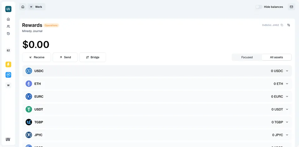 Werk space wallet with assets, send and receive