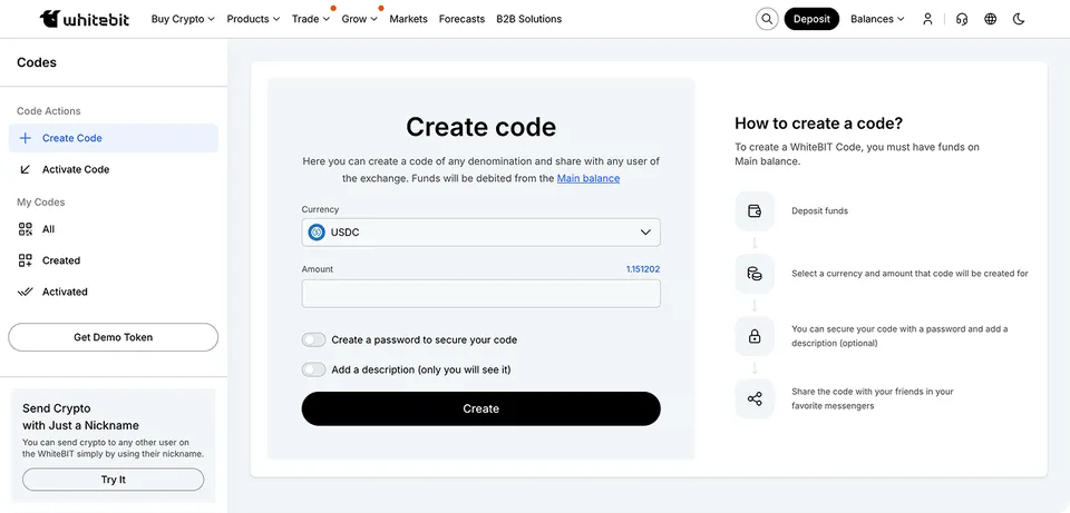 WhiteBIT Codes: create a code